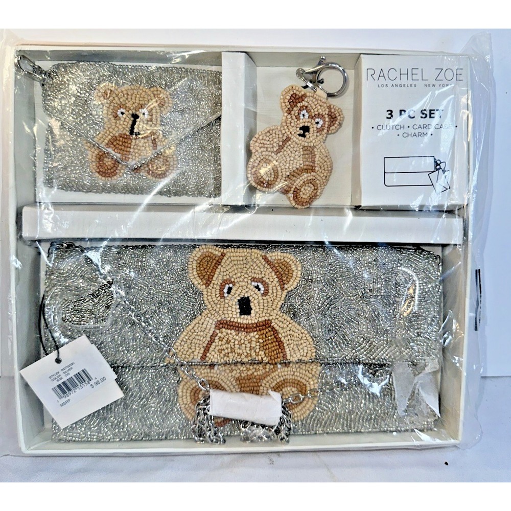 Rachel Zoe Beaded Teddy Bear 3 PC Gift Set Silver Clutch Card Case Bag Charm NIB